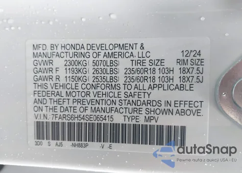 2025 Honda Cr-V Hybrid Sport z USA, uszkodzony, nr VIN 7FARS6H54SE065415